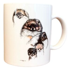 🌈 6/$60 Vintage 1990 Laura Rogers Multiple Pomeranian Dog Mug White Brown Black